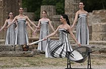 La cérémonie traditionnelle de l'allumage de la flamme olympique à Olympe en Grèce, mardi 16 avril 2024.