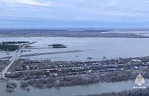 Grab taken from video released by the Russian Emergency Ministry Press Service on Tuesday, April 16, 2024, shows flooded area at Tobol river in the Kurgan region, Russia. 