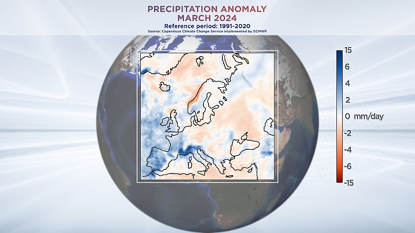 В марте 2024 года в Южной Европе количество выпавших осадков превысило средние значения. Данные предоставлены Службой мониторинга изменения климата «Коперник» при ECMWF