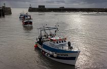 French trawlers arrive in the port of Granville, Normandy, after fishing.