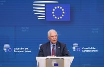 L'alto diplomatico dell'UE Josep Borrell parla dopo una riunione VTC dei ministri degli Esteri dell'UE, 16 aprile 2024.