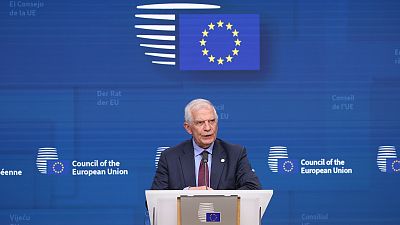 Der EU-Spitzendiplomat Josep Borrell spricht nach einer VTC-Sitzung der EU-Außenminister, 16. April 2024.