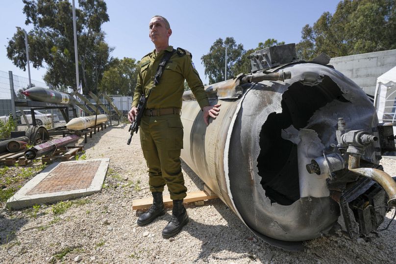 Israeli military spokesperson Rear Adm. Daniel Hagari display to the media one of the Iranian ballistic missiles Israel intercepted over the weekend, April 2024
