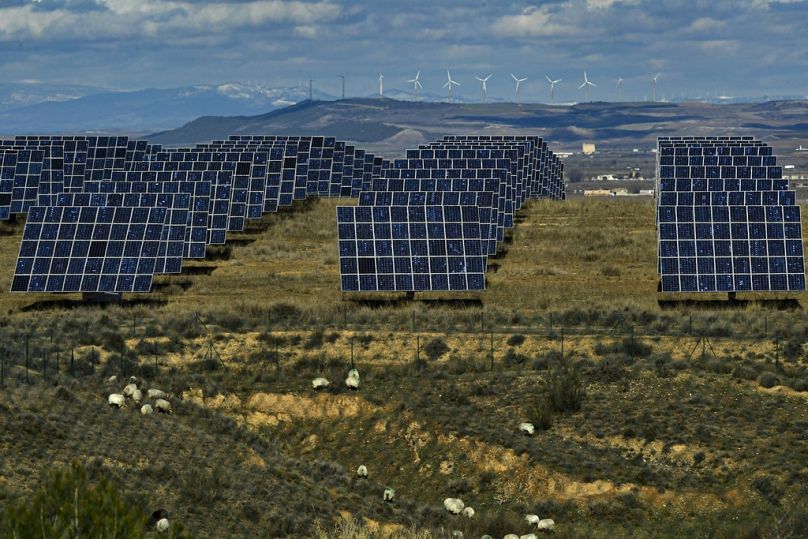 Solar panels work in the town of Milagro, northern Spain, February 2023