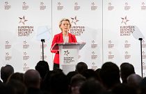 Η Ursula von der Leyen επρόκειτο να εκφωνήσει ομιλία στην Ευρωπαϊκή Σύνοδο Κορυφής για την Άμυνα και την Ασφάλεια, όταν ένας άνδρας σηκώθηκε όρθιος για να καταγγείλει την πολιτική της για το Ισραήλ.