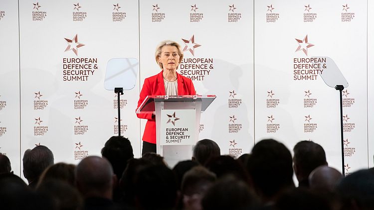 Ursula von der Leyen was scheduled to deliver a speech at the European Defence and Security Summit when a man stood up to denounce her policy on Israel.