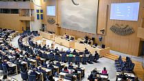 A view of the Swedish Parliament as lawmakers vote on the new gender identity law, in Stockholm, Wednesday, April 17, 2024.