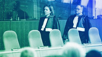 President of the European Court of Human Rights Síofra O'Leary leaves after a ruling on climate, in Strasbourg, April 2024