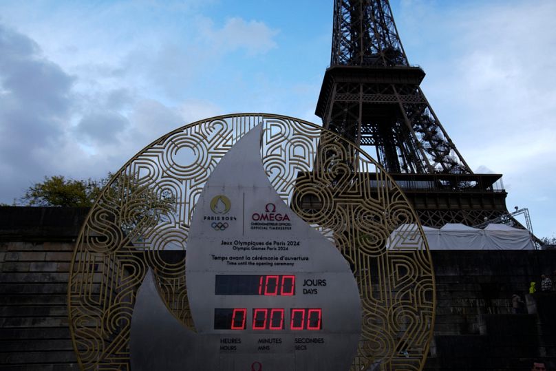 The countdown clock reading 100 days before the Paris 2024 Olympic Games opening ceremony is seen on Wednesday