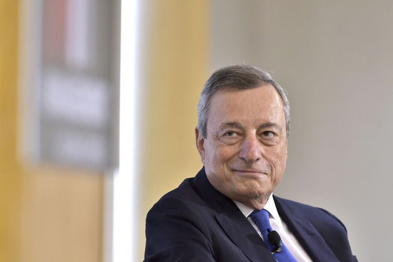 Former Prime Minister of Italy Mario Draghi, during a ceremony at which he was awarded the 2023 Miriam Pozen Prize, in Cambridge, MA, June 2023