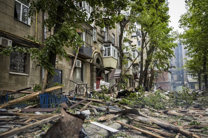 In this photo provided by the Dnipropetrovsk Regional Military Administration, a view of the damage after Russia's attack on residential building in Dnipro, Ukraine, Friday