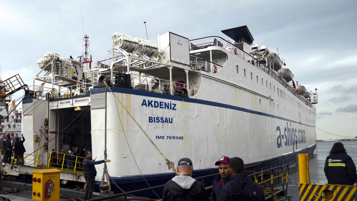 Ein Schiff der Freedom Flotilla Coalition ankert im Seehafen Tuzla in Istanbul, 19. April 2024.