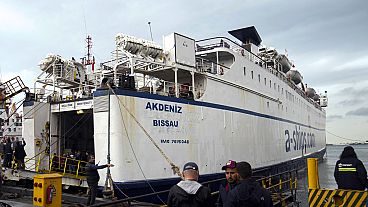 A ship of Freedom Flotilla Coalition anchors at Tuzla seaport in Istanbul, Turkey, Friday, April 19, 2024.