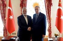 Turkey's President Recep Tayyip Erdogan, right, and Hamas leader Ismail Haniyeh, shake hands during their meeting in Istanbul, Turkey, Saturday, April 20, 2024