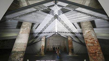 A file image of the installation 'Takapau' by artists Mataaho Collective at the 60th Biennale of Arts exhibition in Venice, Italy, Tuesday, April 16, 2024.