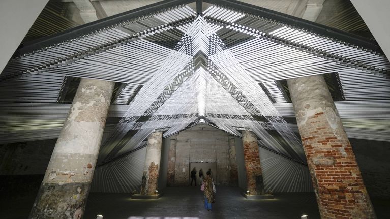 A file image of the installation 'Takapau' by artists Mataaho Collective at the 60th Biennale of Arts exhibition in Venice, Italy, Tuesday, April 16, 2024.