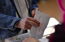 A Basque citizen votes in the polling station of Otxandio, northern Spain, on Sunday, April 21, 2024 (AP Photo/Alvaro Barrientos) 