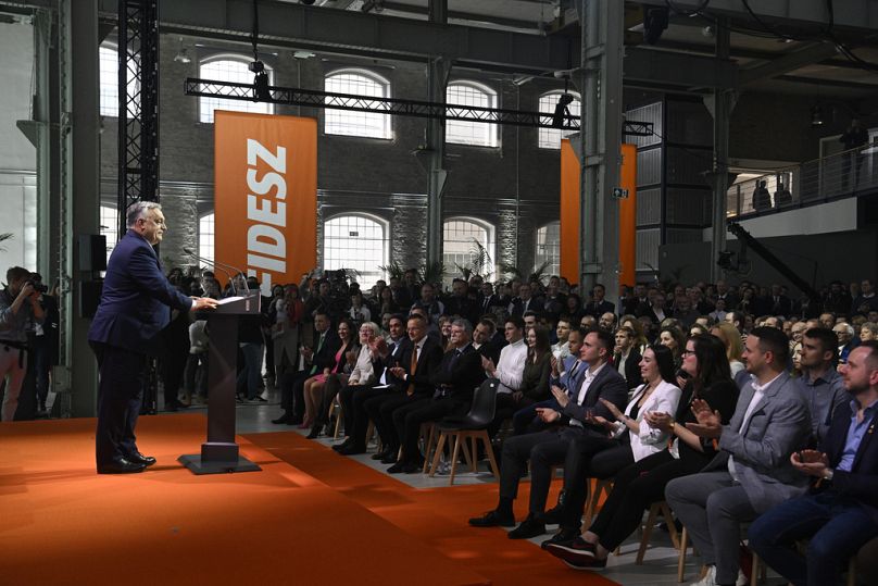 Hungarian Prime Minister and Chairman of Fidesz party Viktor Orban addresses a rally launching the campaign of the party for the European Parliamentary and the local elections
