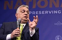 El primer ministro de Hungría, Viktor Orbán, habla durante la conferencia sobre conservadurismo nacional en Bruselas, el miércoles 17 de abril de 2024. 