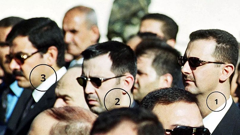 Az alapító klán Háfez al-Aszad elnök temetésén, 2000. június 13-án - (1) Bassar al-Aszad elnök, (2) Maher Aszad (3) Assef Shawkat