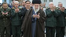 In this photo released by the official website of the office of the Iranian supreme leader, Supreme Leader Ayatollah Ali Khamenei, centre, Sunday, April 21, 2024.