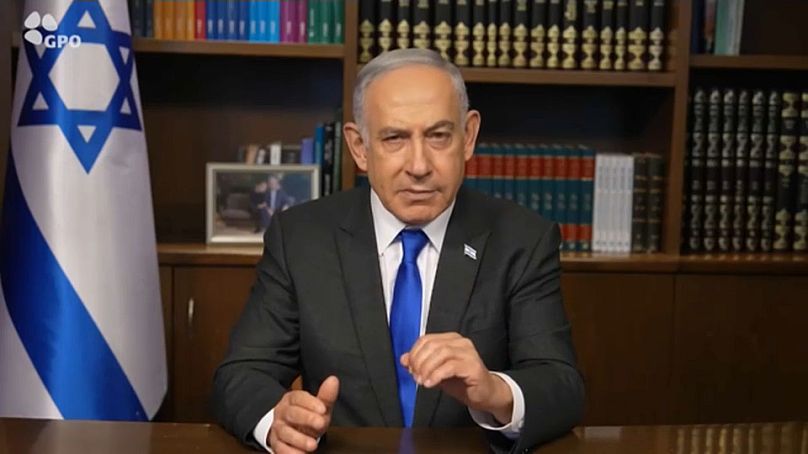 Israeli Prime Minister Benjamin Netanyahu speaking during video address for Passover