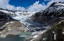 A lake of meltwater has formed on the tongue of the Rhone Glacier near Goms, Switzerland, on 13 June 2023. 