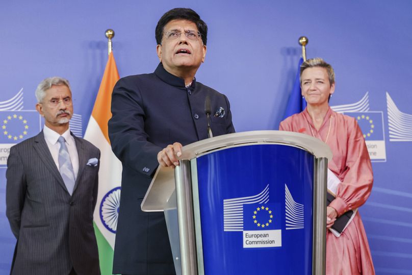 India's Commerce Minister Piyush Goyal, European Commissioner Margrethe Vestager and India's Foreign Minister S. Jaishankar at EU headquarters in Brussels, May 2023