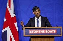 British Prime Minister Rishi Sunak speaks at a press conference at Downing Street, in London