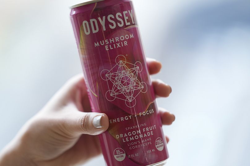 A can of Odyssey mushroom elixir is marketed as a "natural Energy + Focus enhancing drink" containing mushrooms that are rich in nootropics.