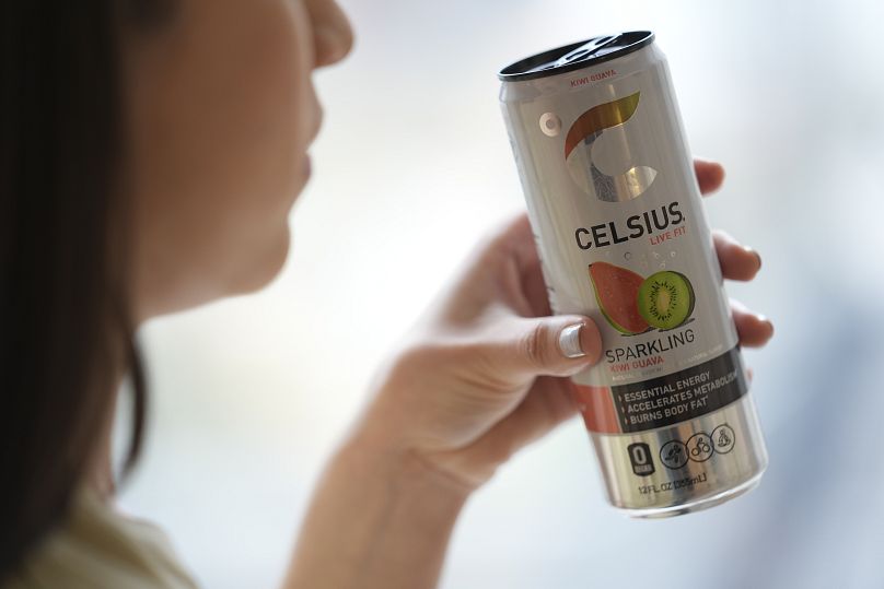 A can of Celsius, a fitness drink that is marketed as accelerating metabolism and burning body fat.