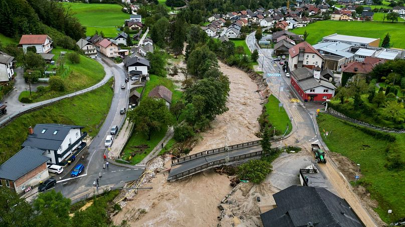 A flooded area is seen in the village Stahovica, near the town of Kamnik, Slovenia, 4 August 2023.