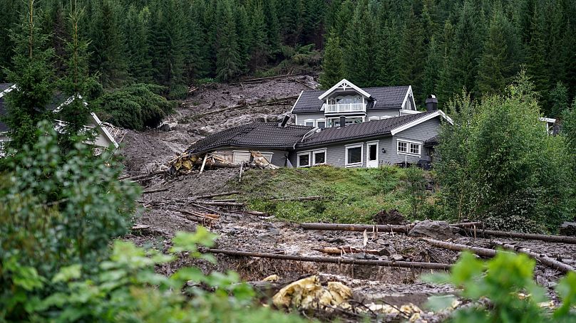 An mudslide hit several residential buildings in Bagn in Valdres, Norway, 8 August 2023.