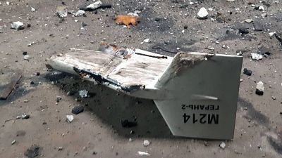 Cette photographie non datée montre l'épave de ce que Kiev a décrit comme un drone iranien Shahed abattu près de Kupiansk, en Ukraine.