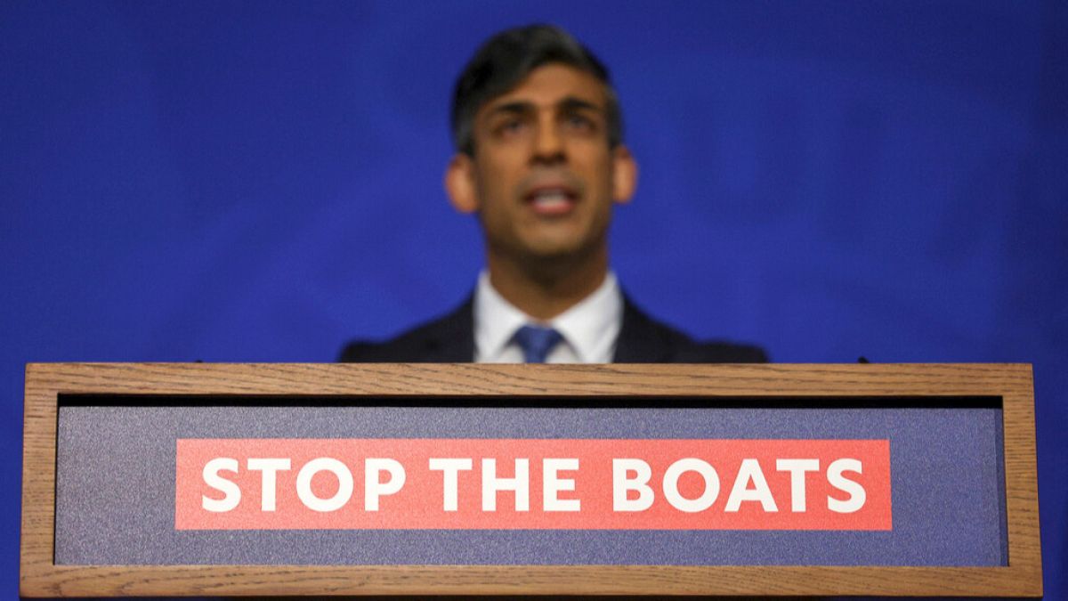 British Prime Minister Rishi Sunak speaks during a press conference at Downing Street in London, Monday, April 22, 2024.