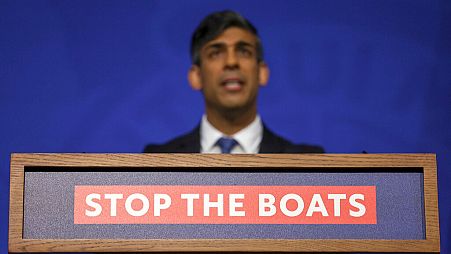British Prime Minister Rishi Sunak speaks during a press conference at Downing Street in London, Monday, April 22, 2024.