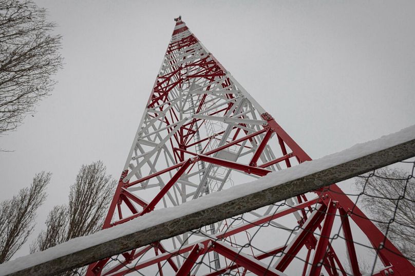 A view of a phone tower of Ukrainian mobile telephone network operator Kyivstar seen in the outskirts of Kyiv, Ukraine.