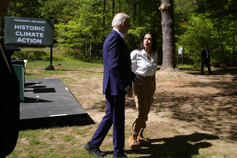 President Joe Biden, left, and Rep. Alexandria Ocasio-Cortez, D-N.Y. are pictured after Biden spoke at Prince William Forest Park on Earth Day.
