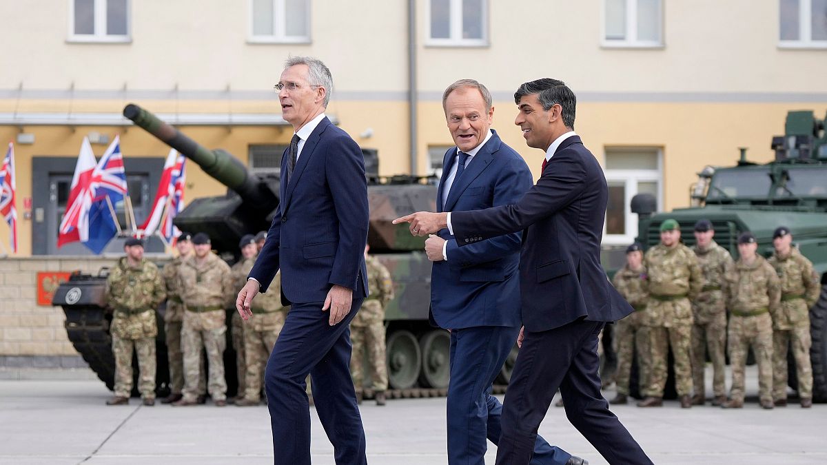 UK Prime Minister Rishi Sunak with Poland's Prime Minister Donald Tusk and NATO Secretary General Jens Stoltenberg in Warsaw, Poland.