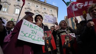 Manifestanti mostrano un cartello con scritto: liberi di scegliere, fuori gli antiabortisti, durante una protesta davanti al Senato italiano a Roma, 2024.