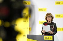  Agnès Callamard, secrétaire générale d'Amnesty International, s'exprime lors d'une conférence de presse à Londres, le 23 avril 2024.