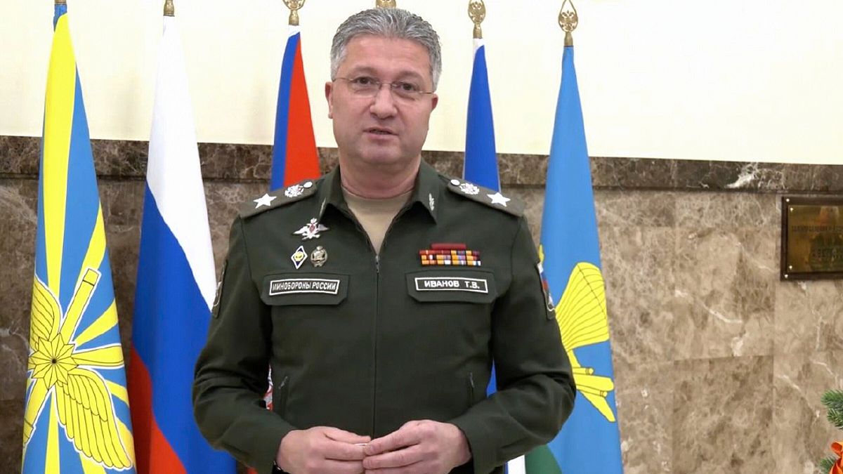A handout photo taken from video released by the Russian Defence Ministry Press Service shows Timur Ivanov, deputy defence minister, in Moscow.