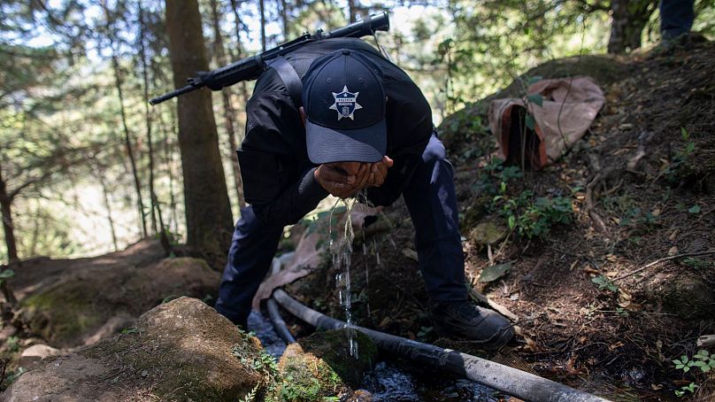 A municipal police officer drinks water from a stream lined with an unlicensed hose as he accompanies locals who are dismantling illegal water taps.