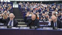 Members of the European Parliament for the ECR group vote during a plenary session in Strasbourg,