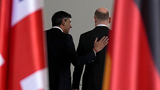 Britain's Prime Minister Rishi Sunak, left, and German Chancellor Olaf Scholz attend a press conference in Berlin, Germany