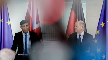 Britain's Prime Minister Rishi Sunak, left, and German Chancellor Olaf Scholz attend a press conference in Berlin, Germany