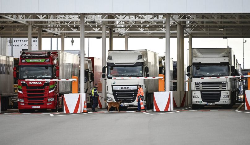 Un employé d'Eurotunnel et son chien contrôlent les camions en partance pour le Royaume-Uni à la sortie du tunnel sous la Manche à Calais.