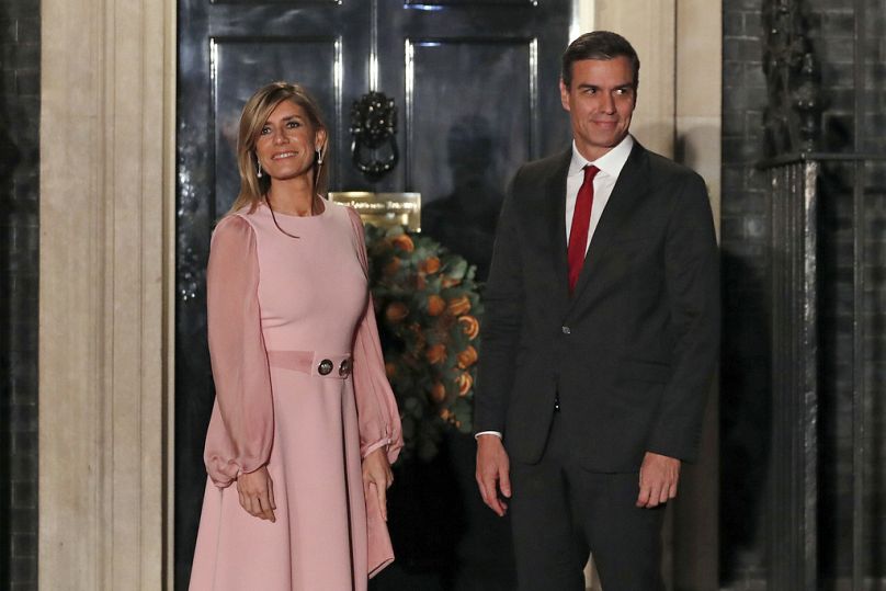 FILE - Spanish Prime Minister Pedro Sanchez and his wife Begona Gomez arrive at 10 Downing Street in London, Dec. 3, 2019.