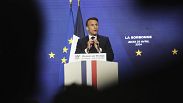 O Presidente francês Emmanuel Macron faz um discurso sobre a Europa no anfiteatro da Universidade Sorbonne, 25 de abril em Paris. 2024.