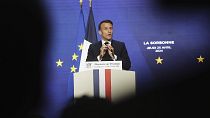 Il presidente francese Emmanuel Macron pronuncia un discorso sull'Europa nell'anfiteatro dell'Università della Sorbona, il 25 aprile a Parigi. 2024.
